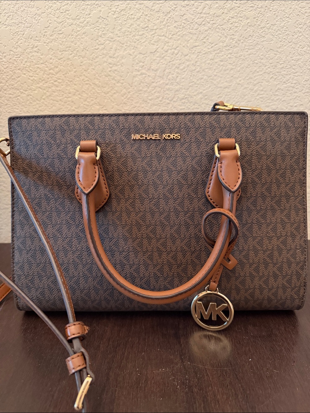 Michael Kors Brown Logo Satchel with Gold Hardware